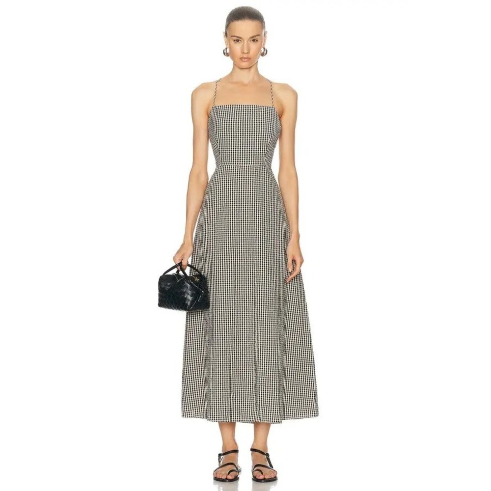 Posse Lori Dress Gingham Midi Dress XXS Black Cream Preppy Open Back Cotton